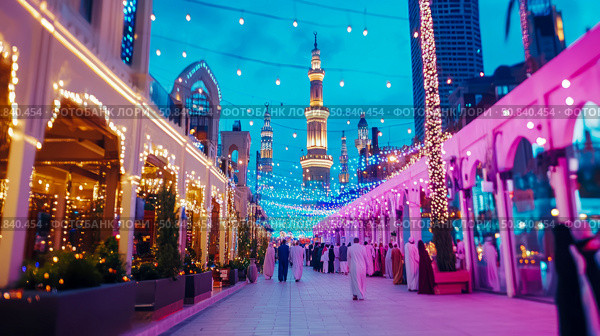 Illuminated Mosque Street: Celebration with Minaret and Crowds at Night. Стоковое AI-изображение, AI-художник Данила Большаков / Фотобанк Лори