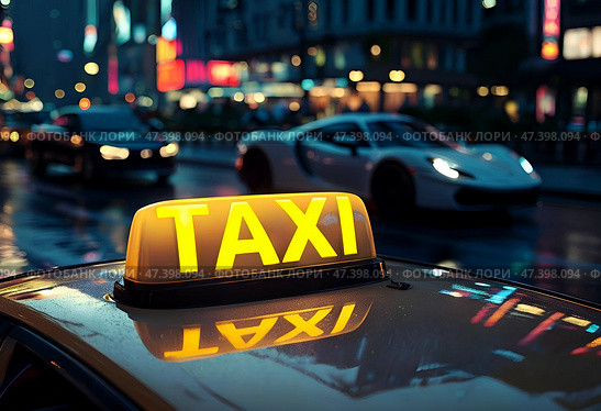 Illuminated Yellow Taxi Sign Against Vibrant City Nightscape. Стоковое AI-изображение, AI-художник Iva Noel / Фотобанк Лори
