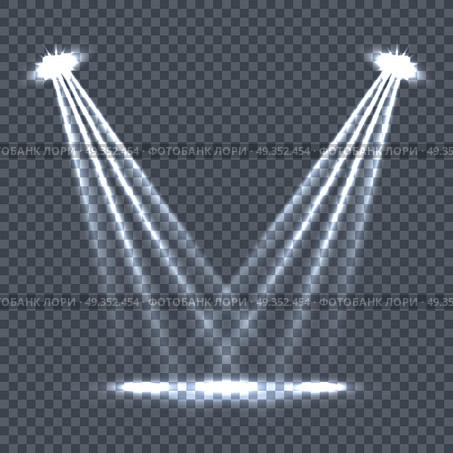 Illumination with Light Effects on Transparency. Illumination with bright light effects on transparent plaid background. Lighting with spotlights. Scene stage disco spotlight lights. Projectors light sources. Glowing glitter. Bright sparkle. Vector. Стоковая иллюстрация, агентство Ingram Publishing / Фотобанк Лори