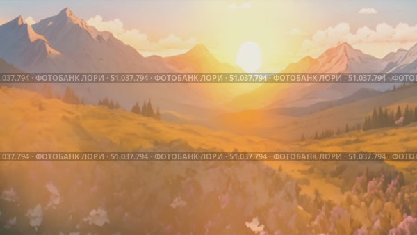 Illustration animation of sun setting behind a majestic mountain range, casting a warm glow over the rugged peaks and valleys below. Стоковое AI-видео, аниматор Данила Большаков / Фотобанк Лори