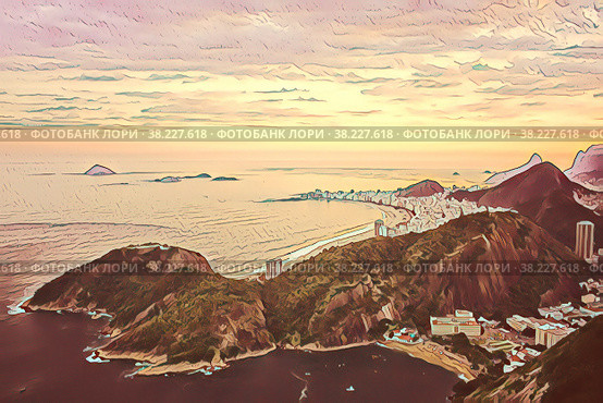 Illustration. Landscape evening view of city of Rio de Janeiro at sunset. City of dreams from birds eye view. Tourist destination. Стоковая иллюстрация, иллюстратор Aleksandr Golubev / Фотобанк Лори