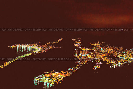 Illustration. Night view of the city of Rio de Janeiro from Sugarloaf mountain at sunset, Brazil. Стоковая иллюстрация, иллюстратор Aleksandr Golubev / Фотобанк Лори