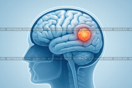 Illustration of a Human Brain with an Emphasized Tumor, Representing Neurological Health and Medical Concerns in a Scientific Context. Стоковое фото, фотограф Башкирова Анна / Фотобанк Лори