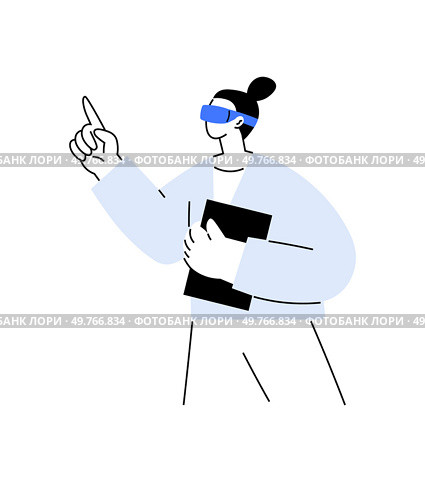 Illustration of a person with a VR headset, holding a tablet, emphasizing the use of mixed reality or augmented reality AR technology in educational contexts and modern learning environments.. Person wearing VR headset holding a tablet, representing mixed reality or AR technology in education. Стоковая иллюстрация, агентство Ingram Publishing / Фотобанк Лори