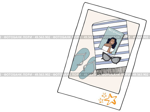 Illustration of a polaroid with summer objects composition - Celebrating the ending of coronavirus quarantine. Стоковое фото, агентство Ingram Publishing / Фотобанк Лори