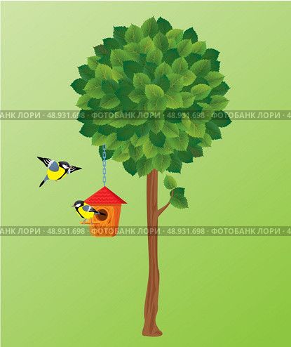 illustration of green tree, tit birds and nesting box. Стоковая иллюстрация, агентство Ingram Publishing / Фотобанк Лори