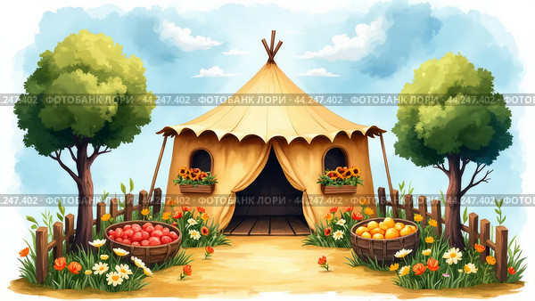 Illustration on Sukkot or Feast of Tabernacles, symbols of the Jewish holiday in watercolor style. Sukkah is a temporary dwelling built for the Sukkot holiday, symbolizing the protection and temporality of earthly existence. Стоковое AI-изображение, AI-художник Анна Маркина / Фотобанк Лори