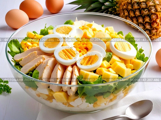 Иллюстрация чаши с салатом из филе курицы,ананаса,кукурузы,яиц. Стоковое AI-изображение, AI-художник ольга скальская / Фотобанк Лори
