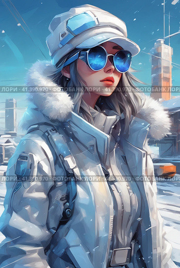 Иллюстрация. Девушка в очках и зимней одежде. Аниме. Арт-стиль. Стоковое AI-изображение, AI-художник Николай Николенко / Фотобанк Лори