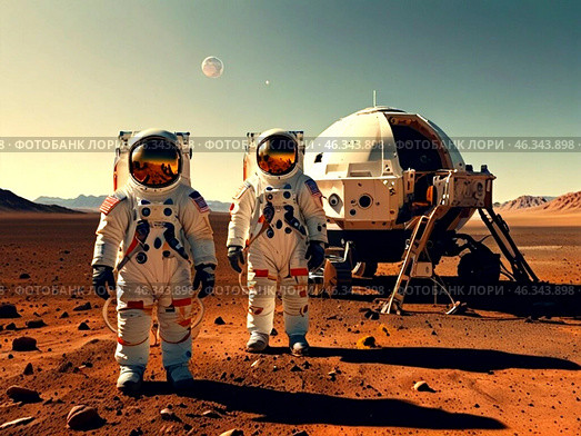 Иллюстрация космонавтов на неизвестной планете. Стоковое AI-изображение, AI-художник ольга скальская / Фотобанк Лори