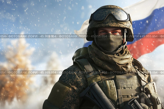 Image of a Soldier of Russian army on background of Russian flag. Стоковое AI-изображение, AI-художник ArtVladZ / Фотобанк Лори