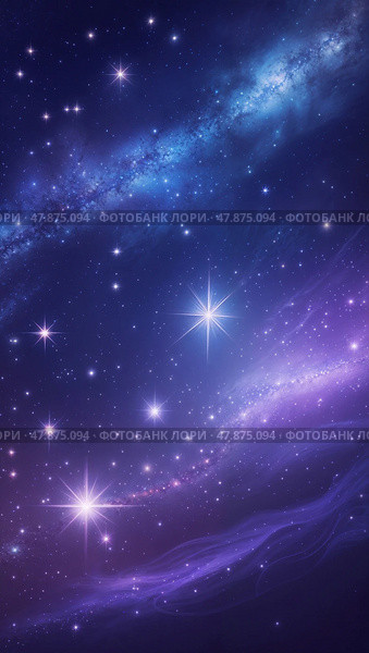 Improbable Starry purple galaxy with nebula clouds and glowing stardust in deep space sky. Стоковое AI-изображение, AI-художник Mariana Rusanovschi / Фотобанк Лори
