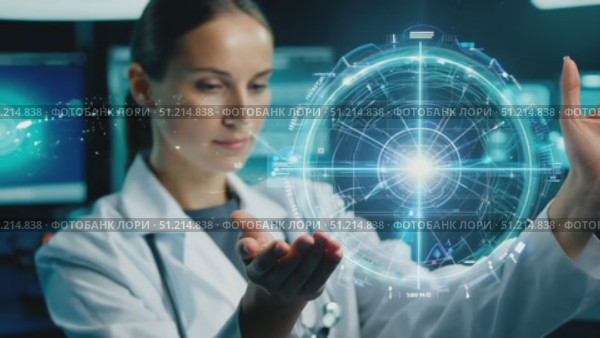 In a contemporary laboratory, a scientist analyzes a luminescent sample, surrounded by advanced technology and data displays. Стоковое AI-видео, аниматор Данила Большаков / Фотобанк Лори