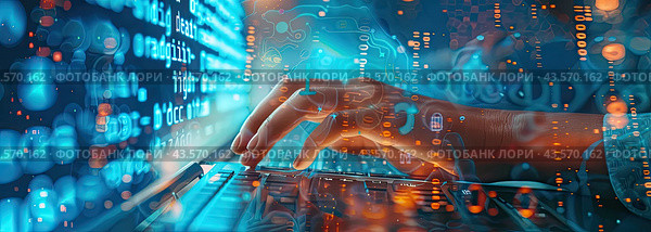 In a futuristic virtual reality environment, a programmer is coding software on a keyboard. Стоковое AI-изображение, AI-художник Ярославский Максим / Фотобанк Лори