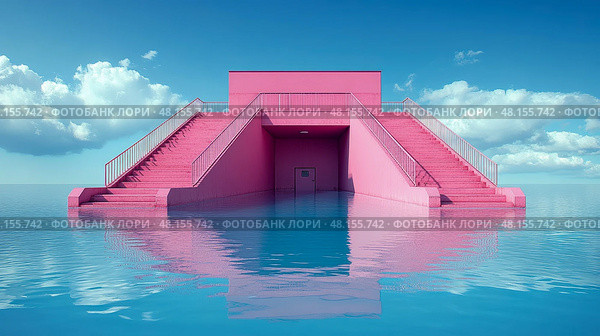 In a serene setting, vibrant pink stairs ascend from the blue water, leading to a sheltered space, framed by a vast sky filled with clouds. Стоковое AI-изображение, AI-художник Данила Большаков / Фотобанк Лори