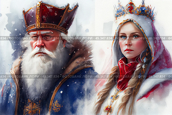 In the style of watercolor painting and is a portrait of a man and a woman in traditional Russian attire, reminiscent of the images of the Tsar and Tsarevna. The man is depicted with a thick white beard and a fur coat with a crown, giving his image majesty and severity. The woman is dressed in an outfit with a white veil and crown, her facial expression is serious and concentrated, and her light braids fall on her shoulders. The background effect of snow adds a winter atmosphere, enhancing the feeling of a fairy tale and traditional Russian culture. Стоковое AI-изображение, AI-художник Анна Кривицкая / Фотобанк Лори