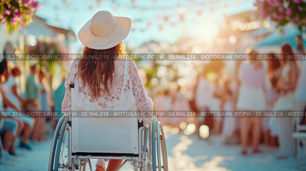 Inclusion concept: Woman in wheelchair attends outdoor event on sunny day, seen from behind, wearing hat, surrounded by crowd. Стоковое AI-изображение, AI-художник Данила Большаков / Фотобанк Лори
