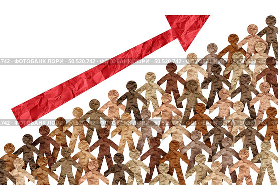 Increasing Diverse Population and rising Diversity in society or the rise of multicultural culture inclusion and integration and pride as a multi cultural group with an upward arrow.. Стоковое фото, агентство Ingram Publishing / Фотобанк Лори