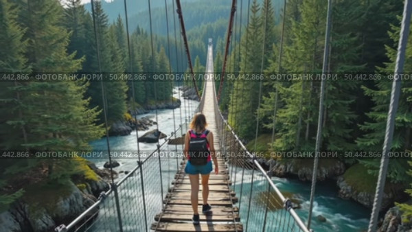 Incredible and adventure inspiring aerial drone shot of adrenaline seeking and exploring young hiker woman walk over old epic wooden suspension bridge above mountain river surrounding dense forest. Стоковое AI-видео, аниматор Sergey Grishin / Фотобанк Лори