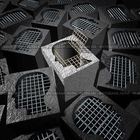 Independent thinking and open mind concept as a freedom metaphor for an  innovative thinker as a cement prison with open metal jail bars shaped as a human head. Стоковое фото, агентство Ingram Publishing / Фотобанк Лори