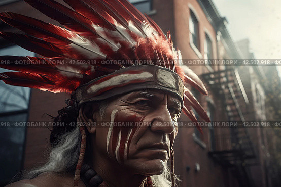 Indian chief with feather crown on city street. Generate ai. Стоковое AI-изображение, AI-художник Иван Рябоконь / Фотобанк Лори