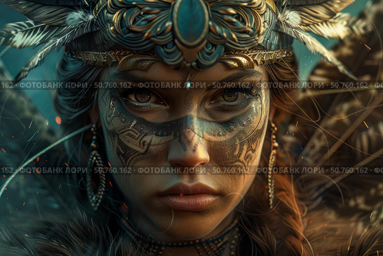 Indigenous woman wearing traditional headdress and face paint posing in dramatic lighting. Стоковое AI-изображение, AI-художник Иван Рябоконь / Фотобанк Лори