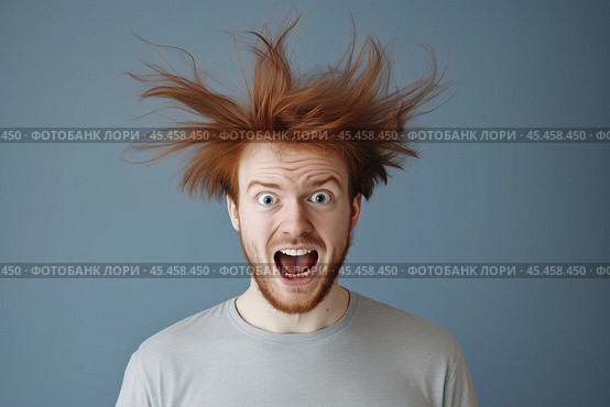 Indignant man with tousled red hair. Стоковое AI-изображение, AI-художник Дмитрий Киселёв / Фотобанк Лори