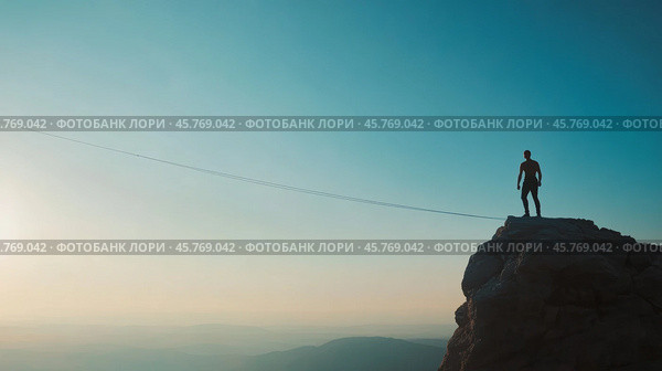 Individual stands on cliff edge at sunset preparing for a highline walk over distant landscape. Стоковое AI-изображение, AI-художник Сергей Толмачёв / Фотобанк Лори