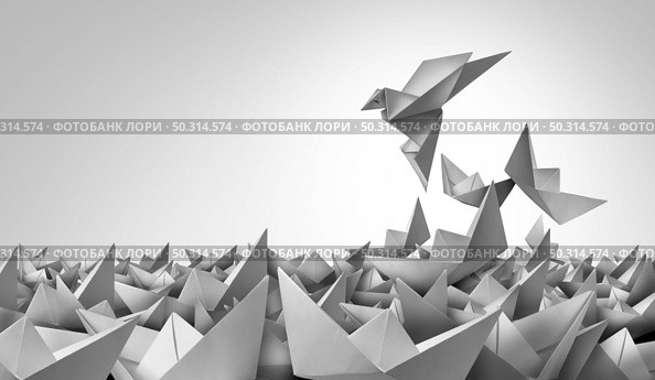 Individualism success and business leadership innovative individual solution and corporate leader symbol or new thinking idea as a game changer innovator as a paper ship transforming into a flying bird in a 3D illustration style. Стоковое фото, агентство Ingram Publishing / Фотобанк Лори