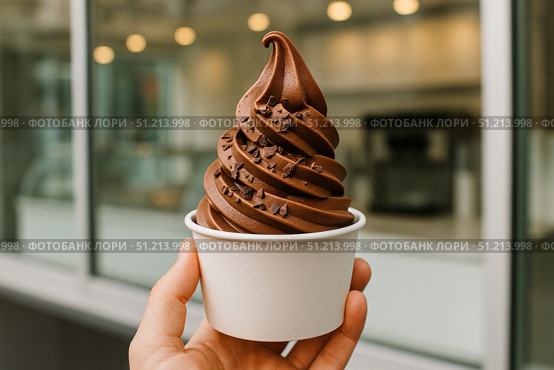 Indulge in a Deliciously Creamy Chocolate Soft Serve Ice Cream Cone, Swirled to Perfection with a Sprinkle of Chocolate Chips for an Extra Treat. Стоковое AI-изображение, AI-художник Башкирова Анна / Фотобанк Лори