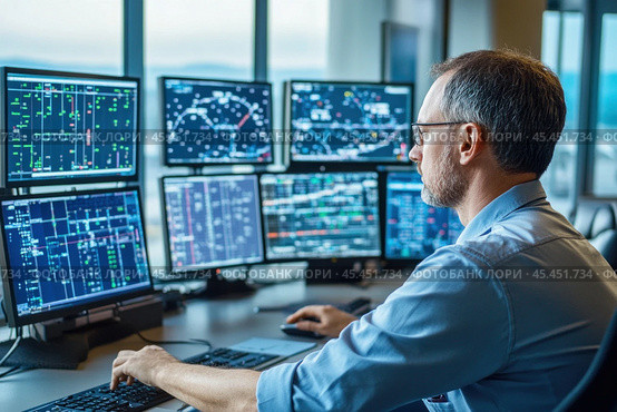 Industrial engineer working on computer and monitoring room with multiple screens showing diagrams and data visualizations. Стоковое AI-изображение, AI-художник Юрий Поздников / Фотобанк Лори