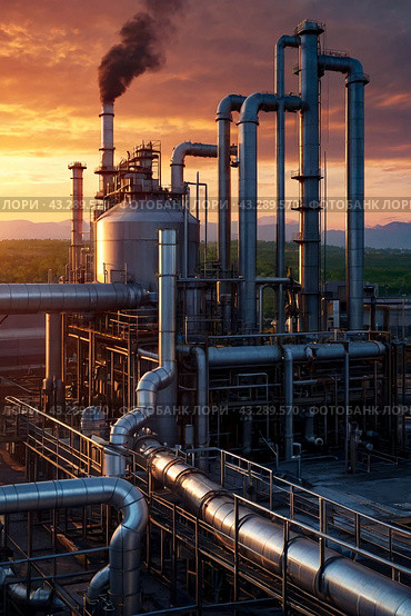 Industrial factory with furnace and heat exchanger cracking hydrocarbons, sunset. Equipment petrochemical plant. Manufacturing and industry technology concept. Gen ai illustration. Copy ad text space. Стоковое AI-изображение, AI-художник Aleksandr Golubev / Фотобанк Лори