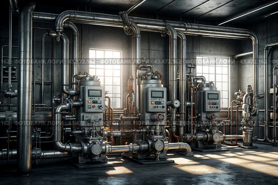 Industrial interior of technical room with steam, water pumps, valves, pressure gauges, automatic control systems. Industry engineering hall, urban modern powerful pipelines. Copy ad text space. Стоковое AI-изображение, AI-художник Aleksandr Golubev / Фотобанк Лори