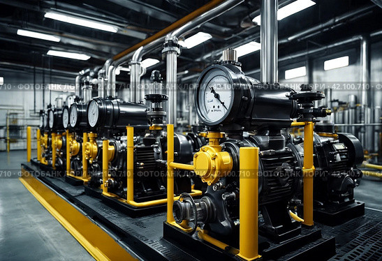 Industrial interior of water pump, valves, pressure gauges, motors inside engine room. Industry pumps in an technical room. Urban modern powerful pipelines, automatic control systems. Copy text space. Стоковое AI-изображение, AI-художник Aleksandr Golubev / Фотобанк Лори