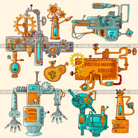 Industrial machines technically detailed doodles colored set isolated vector illustration. Industrial Machines Doodles Colored. Стоковая иллюстрация, агентство Ingram Publishing / Фотобанк Лори