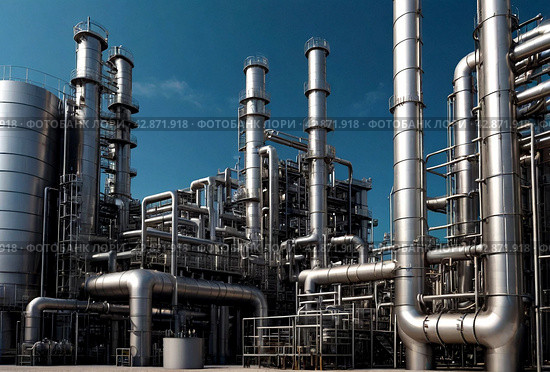 Industrial plant of petroleum, chemical, hydrogen or ammonia. Industrialization zone with pipeline and pipe rack. Manufacturing and industry technology concept. Gen ai illustration. Copy ad text space. Стоковое AI-изображение, AI-художник Aleksandr Golubev / Фотобанк Лори
