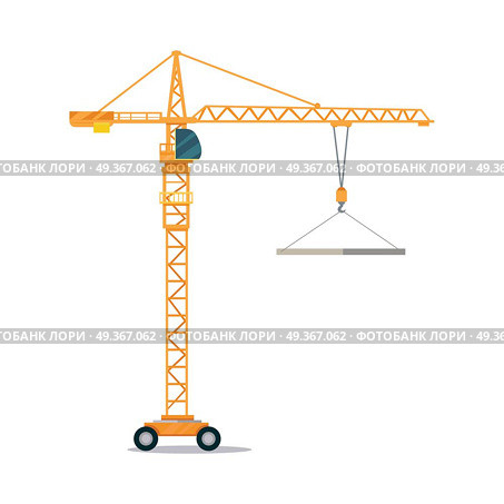 Industrial Yellow Crane Lifting Heavy Glass Elemet. Industrial yellow crane operating and lifting generator. Modern truck crane with an upper cabin and on wheels elevating heavy glass element. White background. Flat design. Vector illustration. Стоковая иллюстрация, агентство Ingram Publishing / Фотобанк Лори
