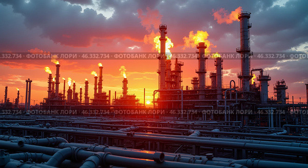 Индустриальный нефтеперерабатывающий завод на закате с выбросами дыма и огня. Стоковое AI-изображение, AI-художник Anna Leeva / Фотобанк Лори