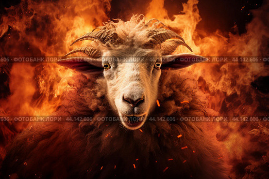 Infernal Nightmare sheep with fire flames. Generate ai. Стоковое AI-изображение, AI-художник Иван Рябоконь / Фотобанк Лори