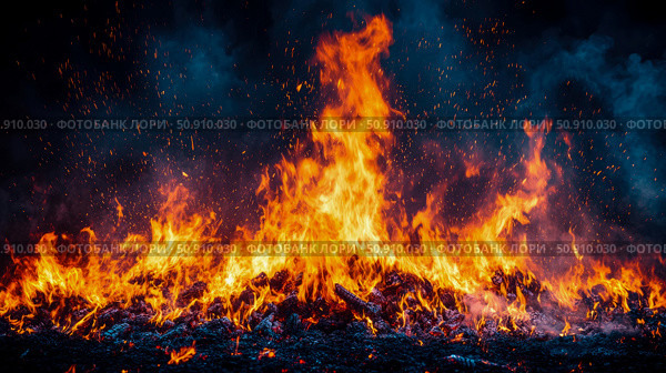 Inferno: A blazing fire consuming wood, creating heat and light with sparks and smoke against a dark, smoky sky. Стоковое AI-изображение, AI-художник Данила Большаков / Фотобанк Лори