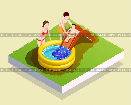 Inflatable Pool Family Composition. Swimming pool isometric composition with human characters of parents assisting male kid to go down waterslide vector illustration. Стоковая иллюстрация, агентство Ingram Publishing / Фотобанк Лори
