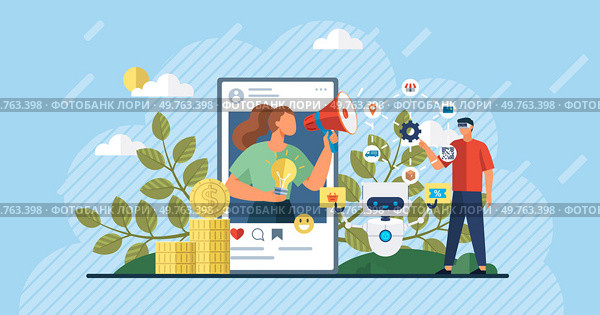 Influencer. Vector illustration. Influencers provide valuable information to their audience through their content Advertisement collaborations with influencers can significantly boost brand awareness. Influencer. Effective communication between influencers and their audience is crucial for engagement. Стоковая иллюстрация, агентство Ingram Publishing / Фотобанк Лори