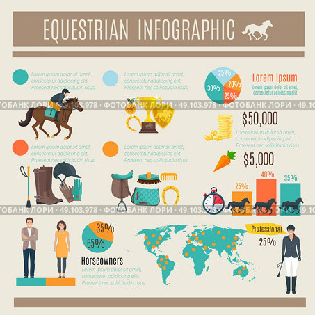 Infographic Equestrian Illustration. Color decorative infographic about equestrian horce race and jockey vector illustration. Стоковая иллюстрация, агентство Ingram Publishing / Фотобанк Лори