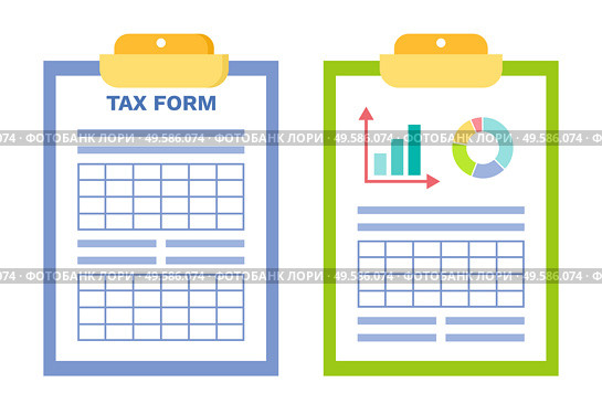 Information with stats vector, clipboard with infographics and pie diagram with colored segments, table with data, set of papers document banking system. Tax Form and Infographics Stats on Clipboard Set. Стоковая иллюстрация, агентство Ingram Publishing / Фотобанк Лори
