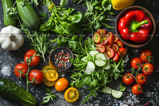 Ingredients for making a healthy salad of vegetables and herbs, clean healthy food for detoxification. Стоковое фото, фотограф Виктория Тельминова / Фотобанк Лори
