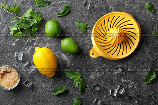 Ingredients for mojito and squeezer on table. Стоковое фото, фотограф Pixel_shot / Фотобанк Лори