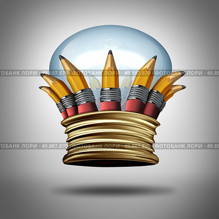 Innovation and ideas king crown as a group of pencils and a lightbulb or light bulb shaped as a royal crest as a creative success award for imagination and the best creativity. Стоковое фото, агентство Ingram Publishing / Фотобанк Лори