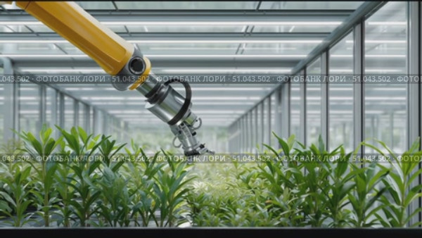 Innovative robotic arm tends to plants in high-tech greenhouse for sustainable agriculture. Стоковое AI-видео, аниматор Сергей Толмачёв / Фотобанк Лори
