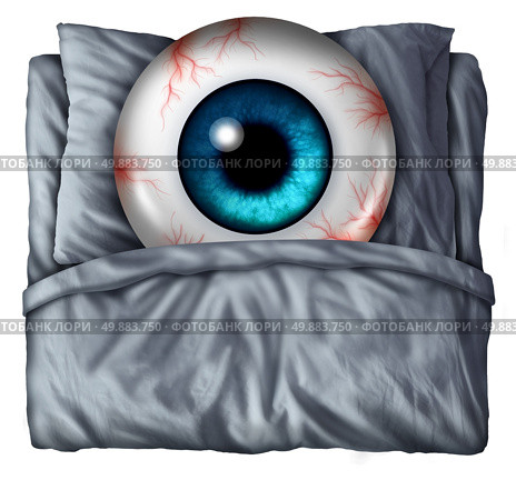 Insomnia and sleeping problems concept as a human eye ball with red veins in a bed with a pillow as a symbol of the health risks of nighttime sleepnessness disorder. Стоковое фото, агентство Ingram Publishing / Фотобанк Лори
