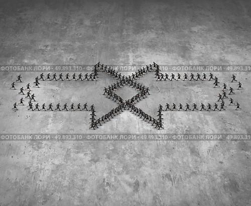 Integration concept as two groups of running people shaped as an arrow integrating together as a business metaphor for combining teams together for group success as a realistic dimensional illustration. Стоковое фото, агентство Ingram Publishing / Фотобанк Лори